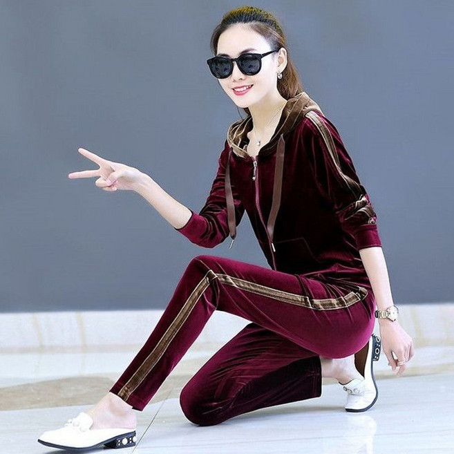 COSYEVNO 벨벳 트레이닝 세트 패션 루즈핏 빅사이즈 가을 엄마옷 후드집업+바지 캐주얼 투피스