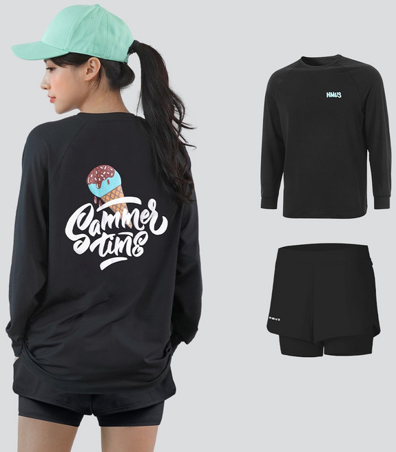 남자 여자 루즈핏 긴팔 래쉬가드 상의 + 반바지 레깅스 상하의 세트