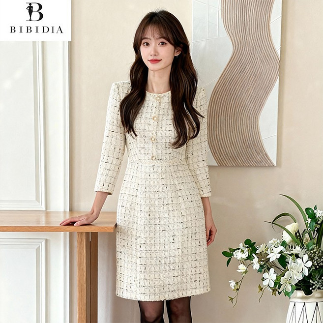 비비디아 여성용 트위드 원피스 퍼프소매 반팔 하객룩 결혼식 오피스 정장 여성 미디 원피스 5580