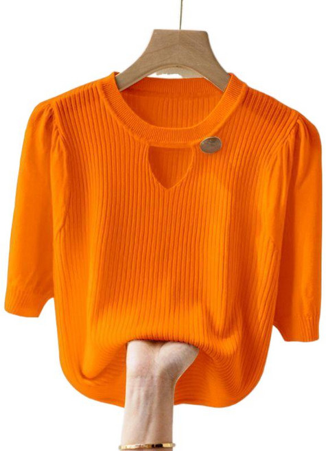 해피유통 여성용 봄 가을 단추 디테일 라운드넥 반팔 니트 블라우스 페미닌 스타일lmy