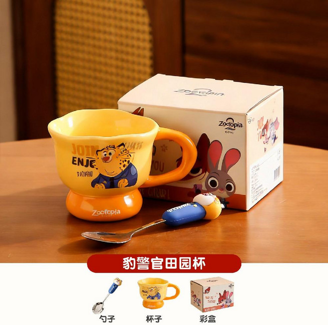 주토피아 세라믹 머그컵 선물세트 주디 닉 캐릭터 찻잔, 표범 350ml+스푼