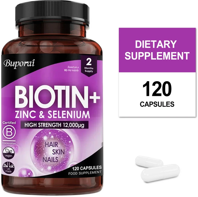 비오틴 헤어 정제 아연과 셀레늄이 함유된 비오틴 정제 12 000mcg 모발 피부 손톱을 위한 비건 비타민 고강도 영국산, 1개, 120정 - 쿠팡