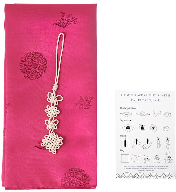 명절 선물 와인 포장 양단보자기+노리개 세트 (매듭법안내지+투명고무줄), 1장, 체리핑크+매듭노리개set