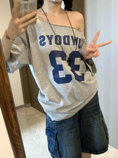 美式復古露肩字母印花斜肩衛衣女寬鬆百搭上衣