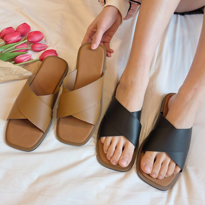 [당일출고] 천연가죽 빅사이즈 크로스엑스 커플 발편한 쪼리 여름 슬리퍼