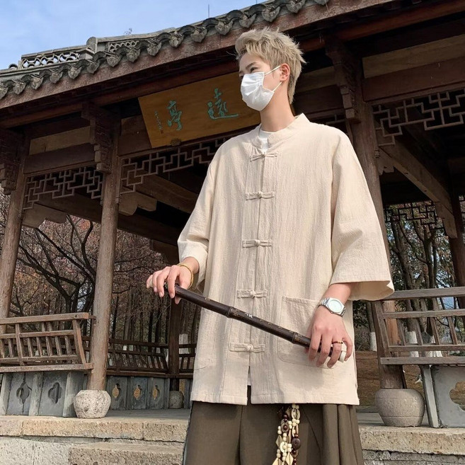 新中式中山裝棉麻襯衫ins中國風復古高級感中袖寬鬆襯衣唐裝外套