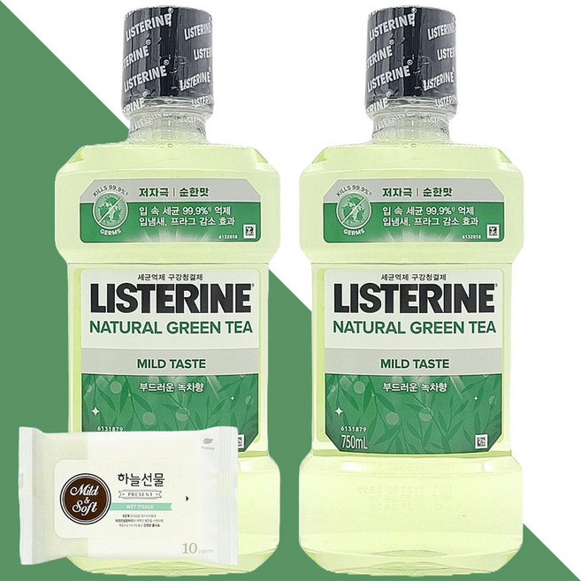 리스테린 내추럴 그린티 마일드 구강청결제 750ml 2개(+휴대용 물티슈 1개), 2개