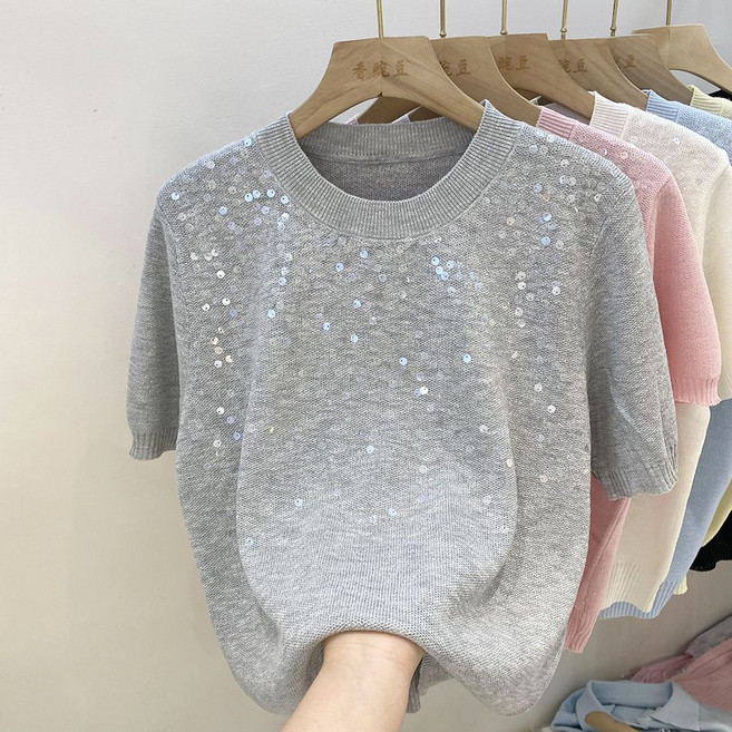 여성 여름 라운드 스팽글 니트 얇은 반팔 상의