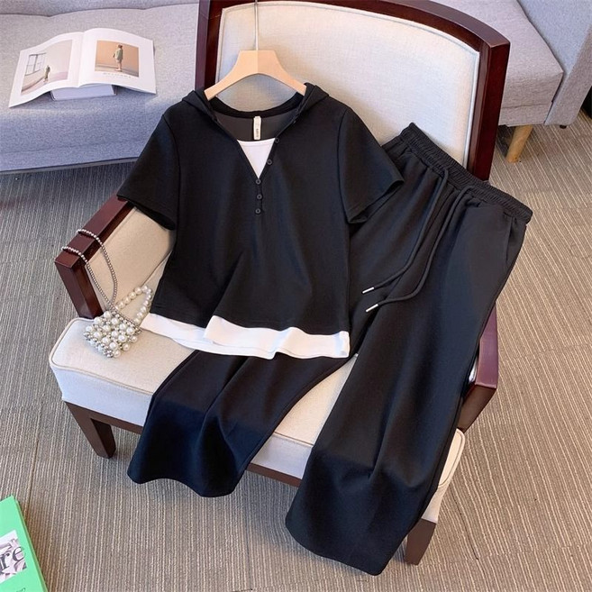 FANSYLI 여름 여성 빅사이즈 스포츠웨어 세트 집업 반팔 티셔츠 허리밴딩 팬츠 투피스 루즈핏 캐주얼 세트 WY2604A19