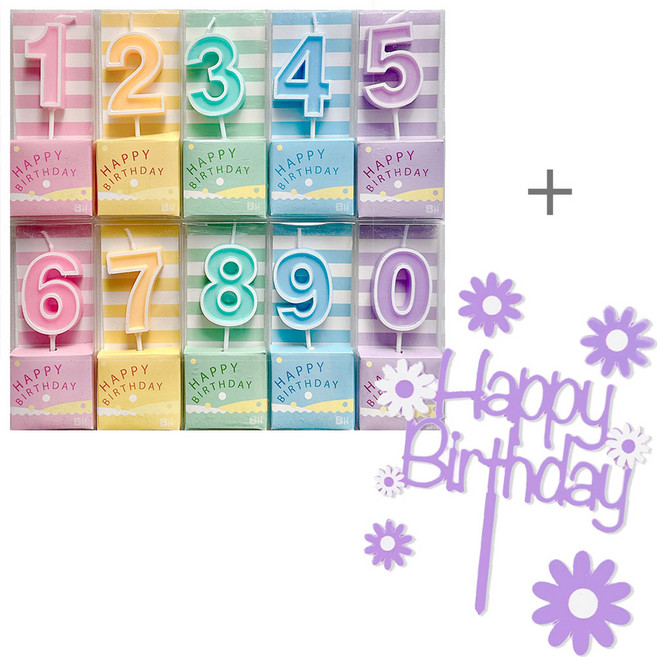 기억의소품 캔디파스텔 숫자초 케이크초 올넘버+생일 토퍼 세트, 1개, 35g, 무향