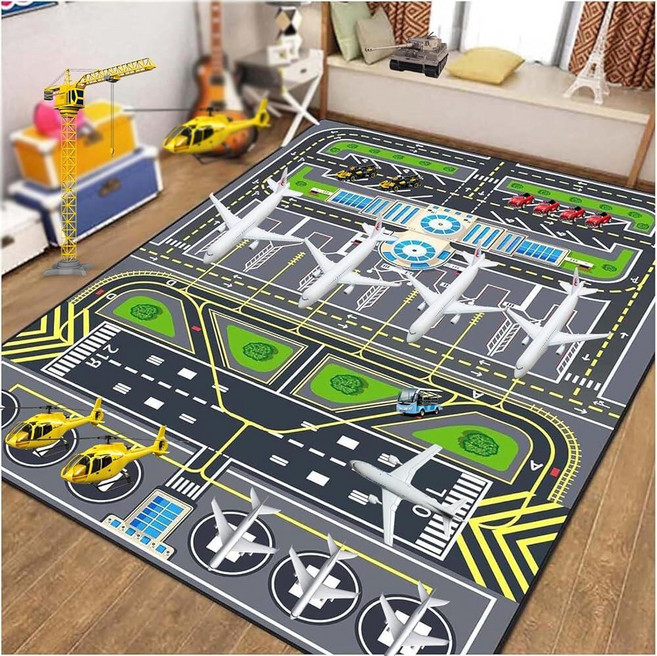 Xyrjova 어린이 놀이방을 위한 놀이 러그 78.7 x 128.9cm(31 x 47인치) 공항 카펫 도시 도로 교통 시스템 및 항공기 활주로 미끄럼 방지 세탁 가능한