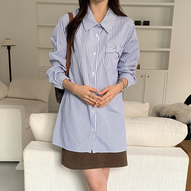 [~5XL/빅사이즈][MADE] 자체제작 99-180 리본 포인트 포켓 뒷셔링 스트라이프 셔츠 블라우스 출근룩 5666