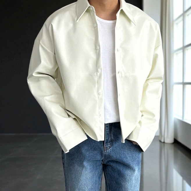 [신상특가] 남자 카라 단추 레더 크롭 셔츠 자켓