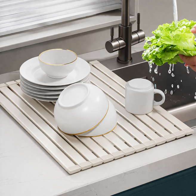 Owete 항공 알루미늄소재 와이드 대형 주방 싱크대 롤매트 식기건조대 싱크롤 건조매트, 1개, 크림+화이트