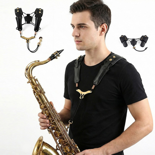 테일스타 색소폰 가죽 스트랩 목걸이 어깨걸이 고급 가죽 길이조절 넥스트랩, 블랙 + 골드, 1개