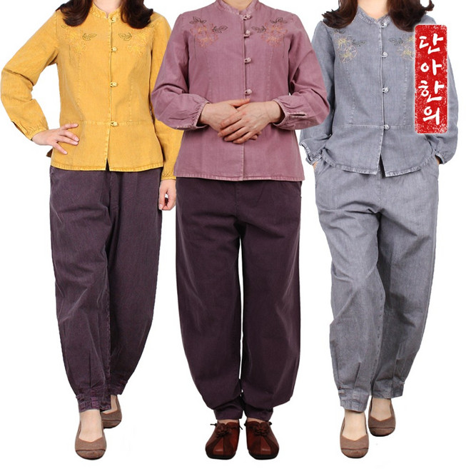 단아한의 여성 여자 봄 가을 사계절 긴팔 순면 꽃 자수 저고리 상의 바지 셋트 퓨전 일상 생활한복 계량한복 개량한복 절한복 법복 / 벼리긴팔세트