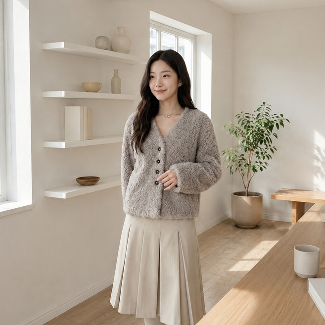 여성 울100 양모 부클 가디건 자켓 브이넥 버튼 뽀글이 숏자켓 겨울 아우터