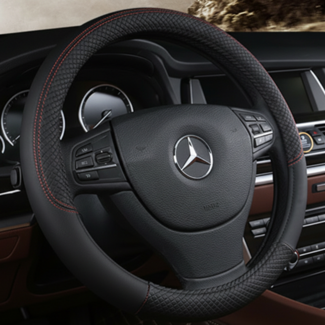 위드메리 퀄팅 가죽 자동차 핸들커버 370, 블랙
