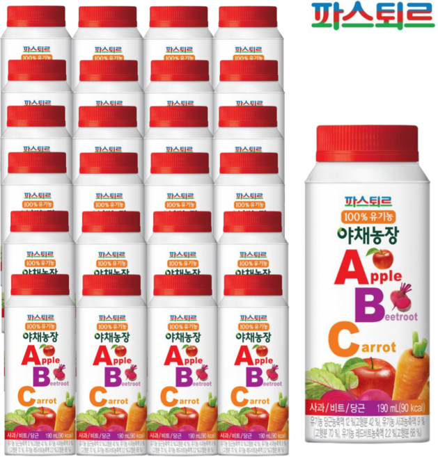 파스퇴르 100%유기농 야채농장 ABC주스190ml (냉장보관), 190ml, 24개