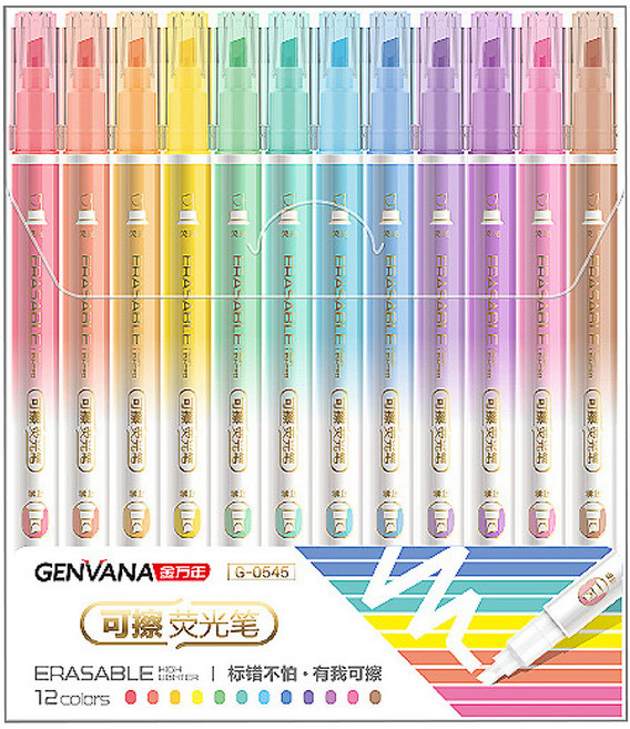 GENVANA金万年 雙頭設計 柔和色系重點標記, 12色可擦拭螢光筆, 1包