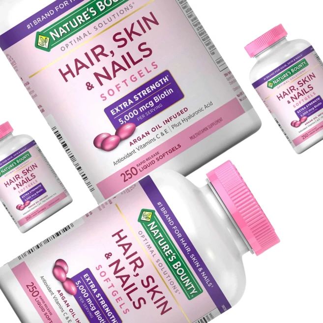네이처스 바운티 헤어 스킨 네일 비오틴 옵티멀 솔루션 엑스트라 스트렝스 5000mcg 아르간 오일 소프트젤, 4개, 250정 - 쿠팡