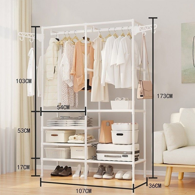 Nexre 이동식 철제 스탠드 시스템 행거 튼튼한 드레스룸 행거 다기능 선반, 흰색