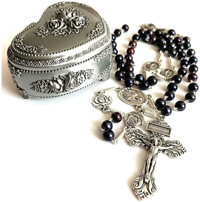 우아한 용 핸드메이드 AAA 78MM 본래 진주 구슬 성모 파티마 묵주 크로스 목걸이 상자 케이스 가톨릭 선물