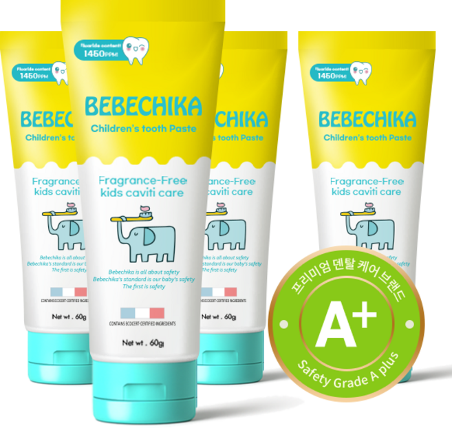 베베치카 국내최대 고불소1450 어린이 아기 불소 치약 무맛 무향, 4개, 60g