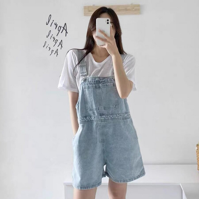 여성용 데님 멜빵 반바지 와이드 A라인 멜빵 반바지 뉴타임즈 F2504016
