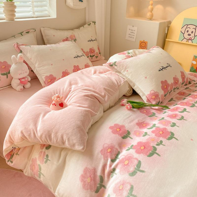 부드러운 벨벳 귀여운 매트리스시트 이블 베게 커버 4종 세트 플란넬 침구 39종 a3211