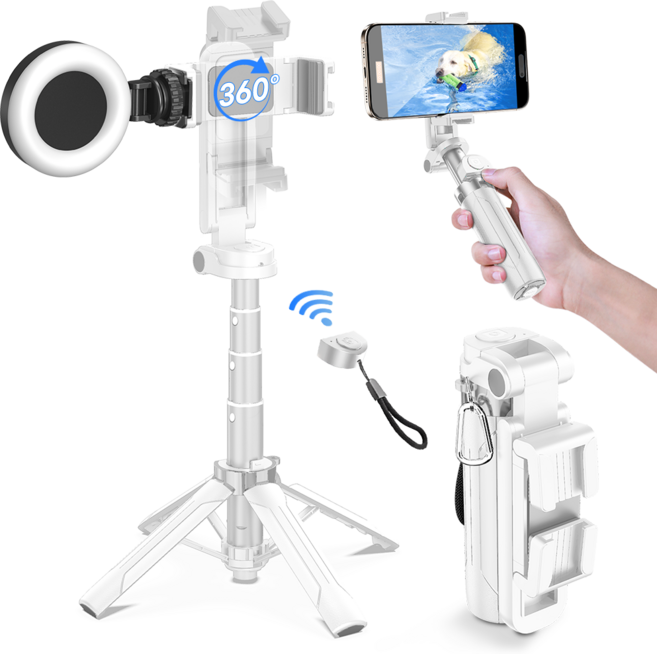 ACMEZING 무선 블루투스 휴대폰 미니 삼각대 사각대 셀카봉 핸드폰 삼각대 셀카봉 c타입 46cm M51, 화이트+보조조명등