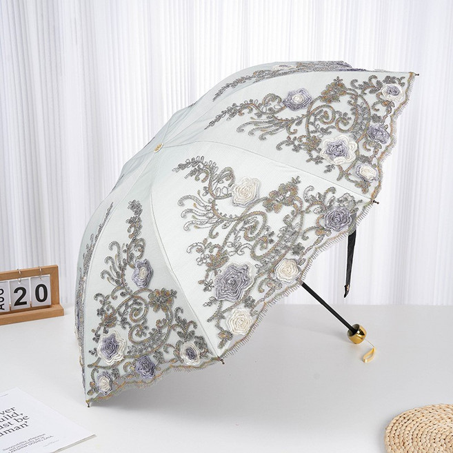 고급 레이스 자수 양산 2단 3단 접이식 파라솔 여성용 패션 우양산겸용 자외선 차단 방수 우산 파우치세트