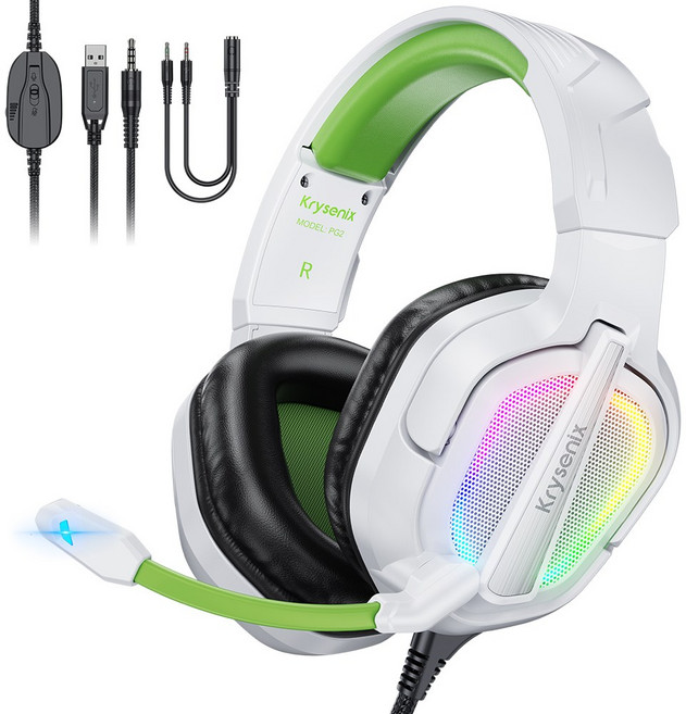 Krysenix PG2 유선 게이밍 헤드셋 PS4 PS5 XBOX 헤드폰 3D 사운드 RGB USB 노이즈 캔슬링 마이크, 화이트 그린