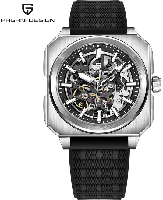 Pagani Design 2024 남성용 기계식 자동 시계 38mm 블록 플라이휠 빛나는 중공 다이얼 50m 방수 캐주얼 신, 02 Glue black