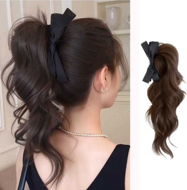 포니테일 가발 집게핀 헤어피스 롱웨이브 뒷머리 부분 가발 묶음머리 업스타일