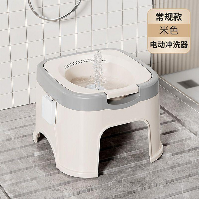 無品牌 帶凳子免蹲坐浴盆家用男女士孕婦坐痔瘡泡屁股盆免蹲洗PP盆, 白色盆+電動沖洗器+底座凳子,無規格, 1個