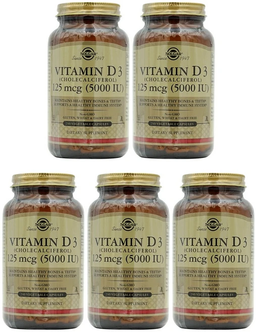 Solgar 5개 솔가 비타민 D3 콜레칼시페롤 5000 IU 240 베지 캡슐, 240정 - 쿠팡