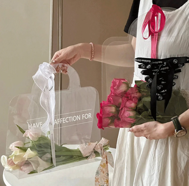 투명 쇼핑백 꽃다발 케이스 플라워박스 기념일 선물 축하 감사 포장 가방, 세모펀칭