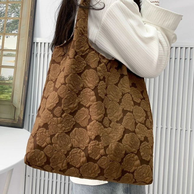 大容量玫瑰肌理帆布托特包 女用單肩包