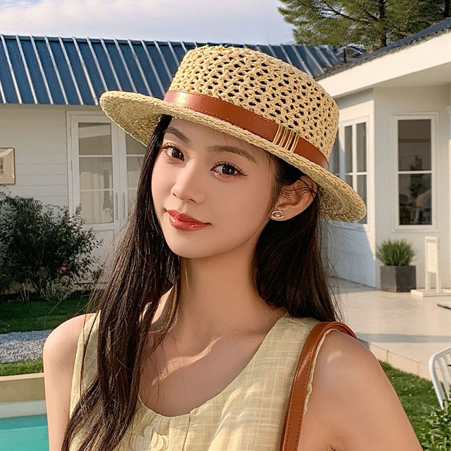 FANSYLI 중절모 라탄모자 여름모자 여성 썬캡 파나마햇 휴가모자 잉글리시 빈티지 벨트 장식 예쁜 여성모자2605K11-3