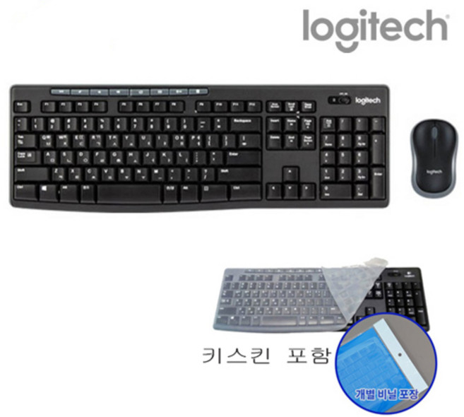로지텍 코리아 무선 키보드+마우스 세트 콤보 한글정품 8개 단축키 숫자키보드 무선키보드 마우스세트+키보드 보호스킨 포함, 단일모델