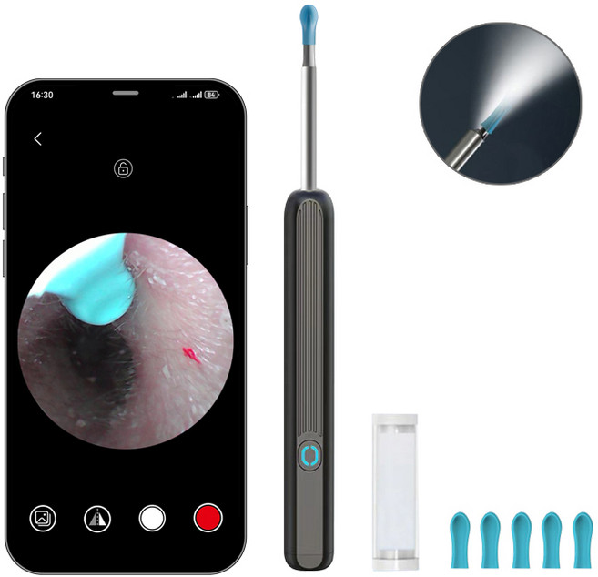 MountainWter 스마트폰 LED 내시경 귀이개 귀후비개 500W고화질카메라귀이개 LED 조명 소프트헤드 Type-C충전, 1개입, 1개, 블랙