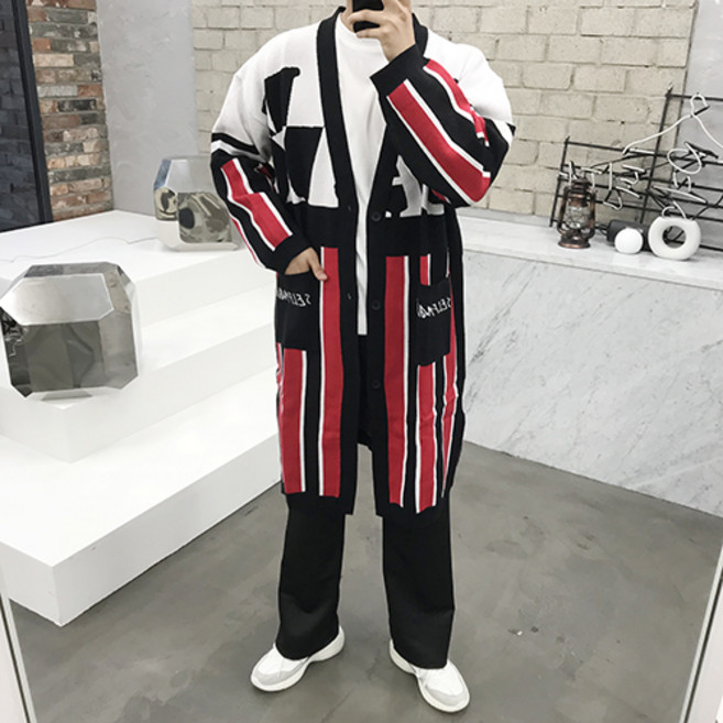 용된다 남자 스트라이프 더블 롱가디건