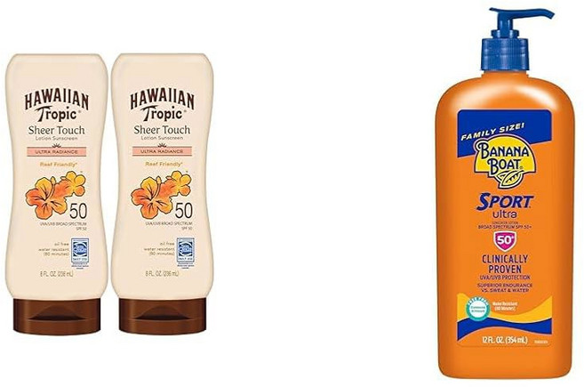 하와이안 트로피컬 시어 터치 울트라 래디언스 SPF 50 트윈 팩 & 바나나 보트 스포츠 자외선 차단 로션 패밀리 사이즈, 2 SPF 50+ SPF 50 Sunscreen Lot, 8 Fl Oz (Pack of 2)