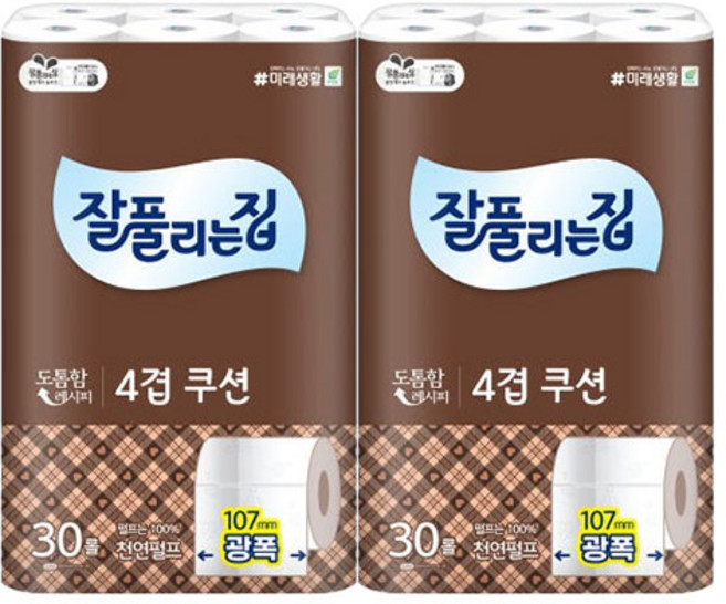 잘풀리는집 4겹 쿠션 소취화장지 27m 30롤 x 1팩, 2개, 30개입