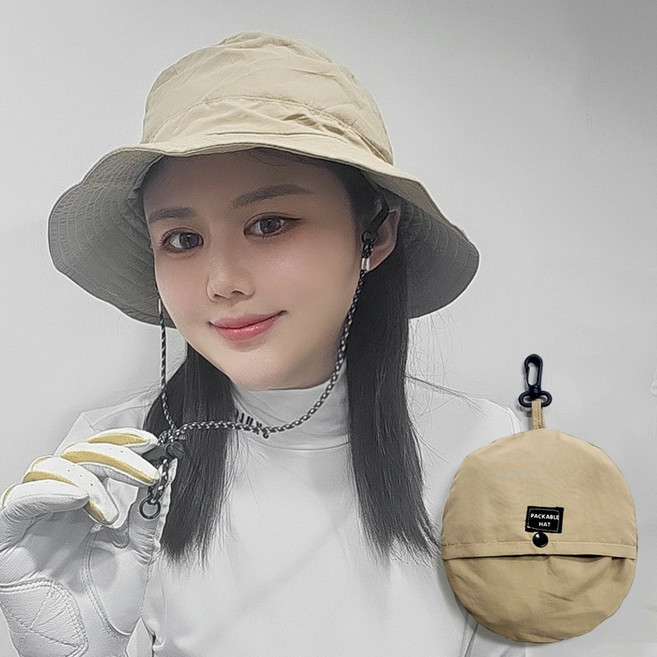 남녀공용 골프 버킷햇 사이즈 조절 가능 파우치 일체형 벙거지 모자 방수 햇빛가리개, 파우치 버킷햇 베이지, 1개