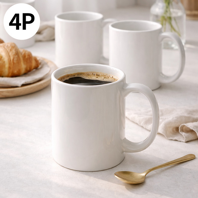 ROYAI ONE 데일리 머그컵 사무실 홈카페 심플 커피잔 360ml, 화이트, 4개