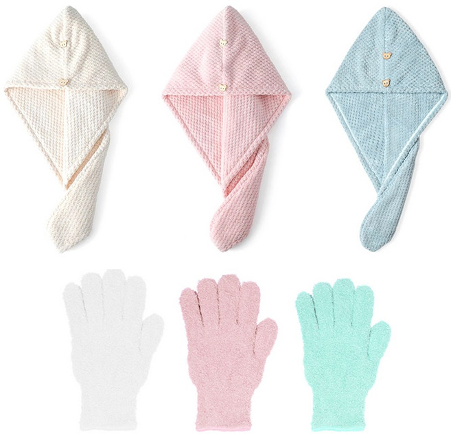 투데이리빙 6개 세트 흡수 빠른 헤어 드라이 타올 3개 + 장갑 3개 머리 빨리 말리는 핸드 드라잉 수건 극세사 헤어캡 머릿결 손상 방지 타월 터번, 1세트, R98488A(혼합색상