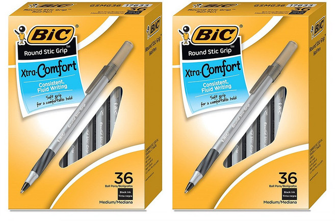 BIC 빅 라운드 스틱 컴포트 볼펜 블랙 1.2mm 36개 2팩 Round Stic Grip Xtra Comfort Ball Pen Black