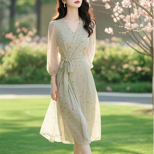 Makone 여성 브이넥 랩핏 바캉스 비치 롱 원피스 프린트 트랜드 엘레강스 상큼 플라워 프린트 쉬폰 긴소매 허리 스트랩